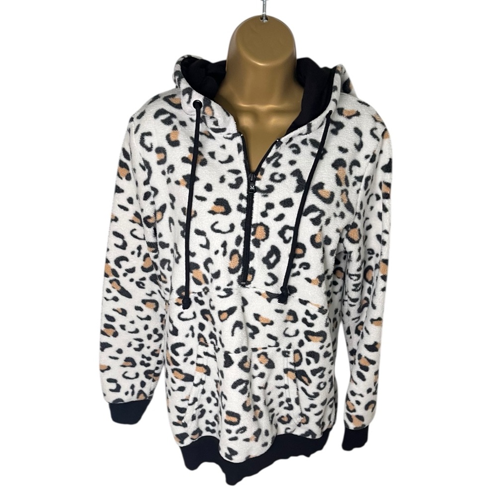 Michele Mae Fuzzy Quarter Zip Hoodie Leopard Print Fleece Black Trim M